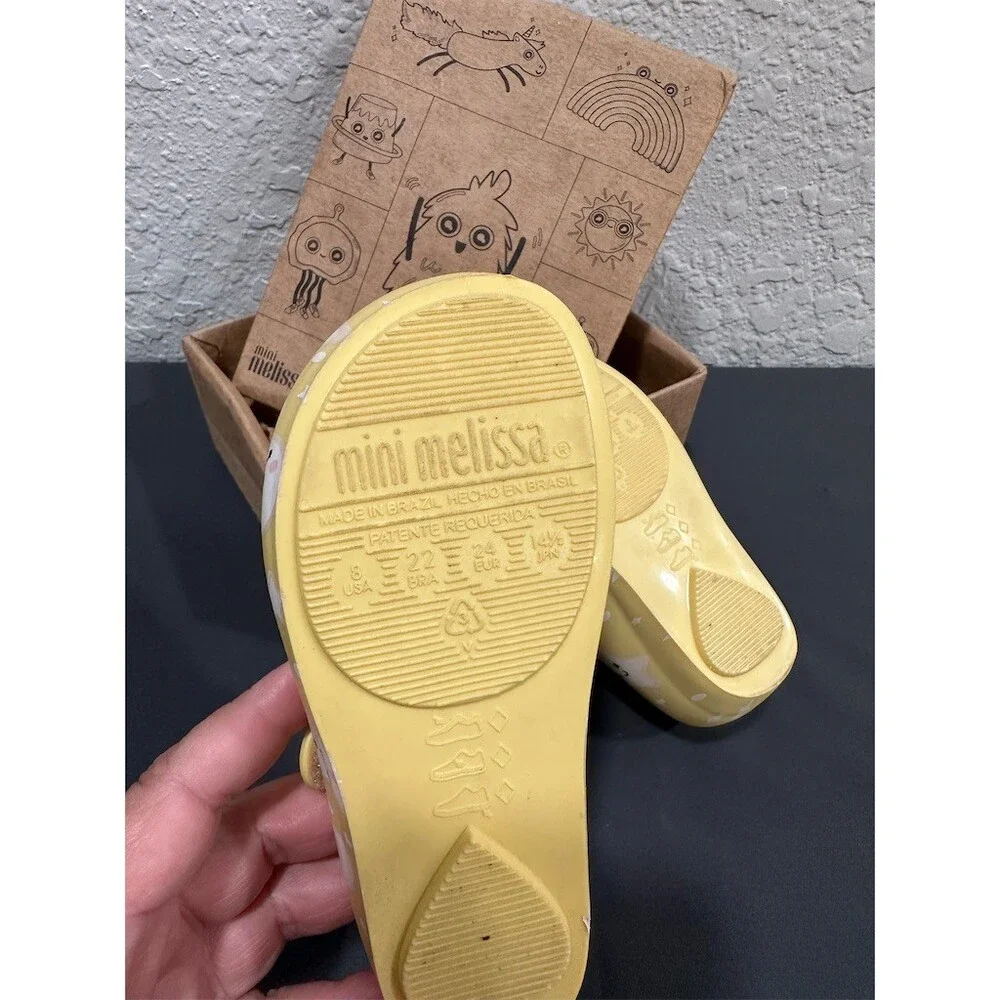 Mini Melissa Girls Mary Jane Jelly Flats Yellow Star & Moon Print Size 8